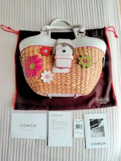美品★COACHコーチ★ 花フラワーモチーフ かごバッグ　ストローバッグ