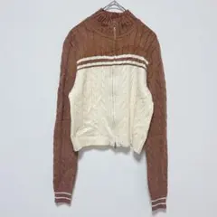 Y2K バイカラー クロップド丈 ニットカーディガン 茶 白 ケーブルニット