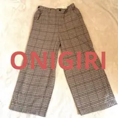 ONIGIRI チェック柄 ワイドパンツ ゴム入り 綿100％