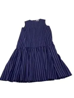 e351☆秋冬IENAネイビー ストライプ ノースリーブ ワンピース