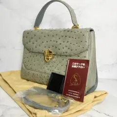 【良品/ポーチ付】オーストリッチ JRA認定 グリーン 親子 ハンドバッグ オーストリッチ】未使用2wayバッグJRA日本製エメラルドグリーン