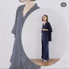 ジェラートピケ　サテンシャツ　サテンロングパンツ　セット　ネイビー