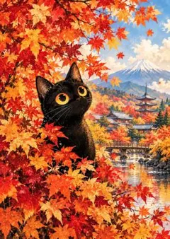 黒猫と紅葉 富士山 アートポスター インテリア