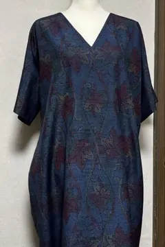 着物リメイク 紅葉模様のゆったりVネックロングワンピース