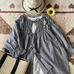 SM2♡フリルリボンシャーリング前後着2way綿麻ブラウス♡千鳥柄♡ゆったり〜♪