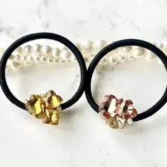 【限定セット】ピンクベージュ＆ゴールド系　ストーン　キラキラ　ヘアゴム