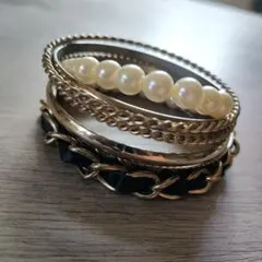 ブレスレット6点セット ゴールド パール ブラックリボン 重ね付け