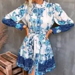 美品 長袖ワンピース M 花柄 ミニワンピース スタンドカラー w2150