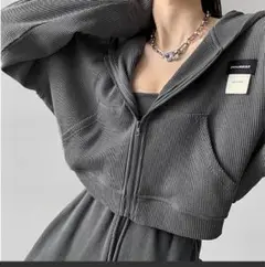 ジップパーカー クロップド ワッフル シンプル 韓国風 UVカット