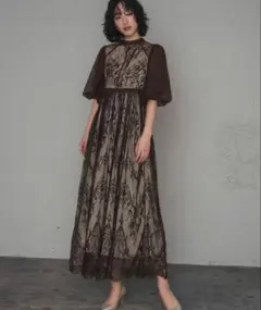 GIRL 総レースハイネック バルーンスリーブ フレアワンピ オケージョン L