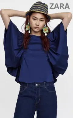 新品ZARA フリルスリーブ ポプリンブラウスS