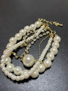 大小パール&ラインストーン&ボールチェーン4連ブレスレット