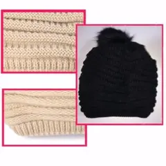新品 セール 大人気 ニット 帽子 毛 フェイク ファー ボンボン付き 黒