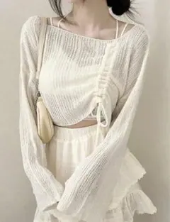 新品未使用　SHEIN ホワイトリブ編み長袖トップス　ソフトニット プルオーバー