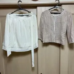 11AR ベージュツイードジャケットと白スカートのセット　卒業　卒園　入園　入学