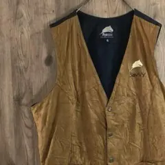 90s ヴィンテージ　ベスト　レザー調　刺繍ロゴ　Ｖネック　フルボタン　V3