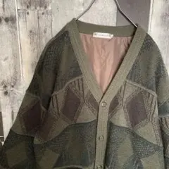 レトロ古着　3D　ニット　カーディガン　厚手　L　総柄　グリーン