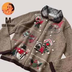 ⭐️最終SALE⭐️【USA古着】　ホリデーカーディガン　刺繍　スノーマン　ブラウン