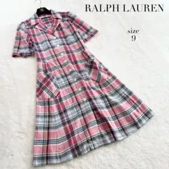 【ラルフローレン】オープンカラー半袖シャツワンピース☆チェック柄☆Aライン☆M