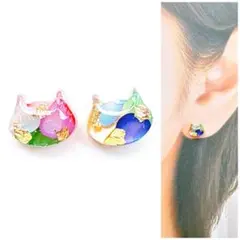 カラフルシェル8mm猫ピアス/イヤリング　人気　再販