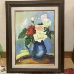 薔薇の花 肉筆 油彩 絵画 美術品 インテリア 真作 静物画 作家証明書