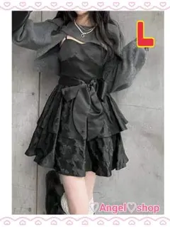 ショート丈 トップス付き ティアード ワンピース グレー×ブラック L