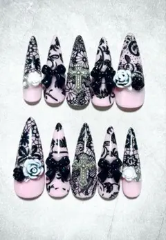 レース ネイルチップ 韓国 クロム Y2K 姫ギャル ゴシック 十字架 ピンク