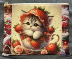 ハンドメイド フラットポーチ ねこちゃん柄