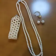 ホワイトパール ネックレス・ピアス・リング ブレスレットセット