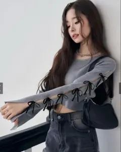 リボン付きグレークロップドニット（11）