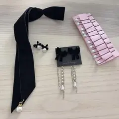 【4点セット・ピアスは新品未使用】ベロア 黒リボン ヘアアクセ ピアス
