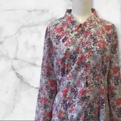 レトロブラウス 白地 赤 紫 花柄 総柄 レトロポップ 丸襟 ヴィンテージ古着