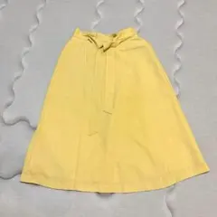 リボン付 フレアスカート イエロー【ウエストゴム・ミモレ丈】