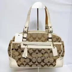 N411◯ COACH コーチ シグネチャー ハンドバッグ ホワイト ブラウン 