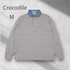美品☆Crocodile クロコダイル 長袖ポロシャツ M グレー ロゴ刺繍