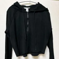 H&M ハーフジップ クロップド リブパーカー ブラック L フード ショート丈