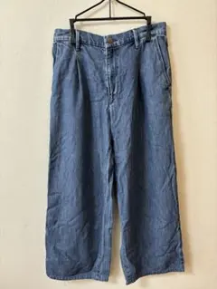 UNIQLO M ドレープデニムタックパンツ ブルー 股下65cm 古着 裾上有のサムネイル
