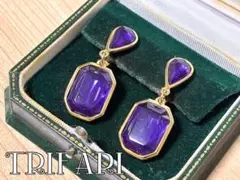 Trifari ヴィンテージ ゴールド パープル 吊り下げ イヤリング