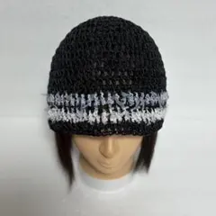 ビーニー♡クロシェクラッシャーハット♡ハンドメイド♡コットン♡ブラック