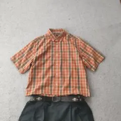 eddie bauer チェック 半袖シャツ オレンジ 短丈 g
