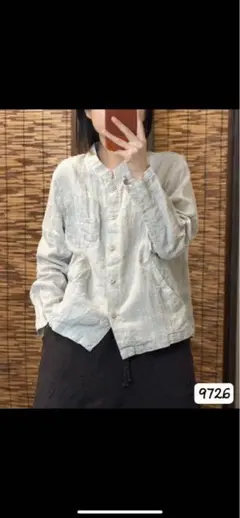 コットンハウスアヤ　フリルカラーブラウス　シャツ　ネイビー　リネン　麻　M コットンハウスアヤ フリルカラーブラウス シャツ ネイビー リネン 麻