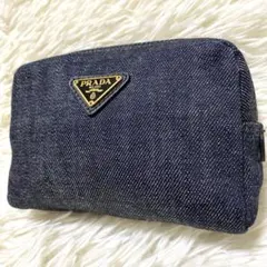 PRADA デニムポーチ ロゴプレート付き　使用感あり 中古・古着通販】PRADA (プラダ) 三角プレートロゴデニムポーチ