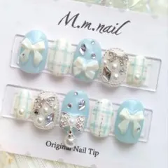 【量産型】ブルー×チェック×リボン ネイルチップ｜爽やか 推し活 韓国 双子