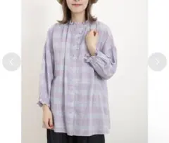 サマンサモスモス　長袖シャツ　リネン混　パープル　フリル