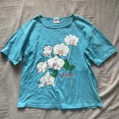 90s USA製 ハワイ 蘭 シングルステッチ　ターコイズTシャツ　ボタニカルのサムネイル