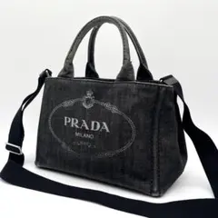 PRADA プラダ カナパ S デニム 2way デカロゴ ハンドバッグ 黒