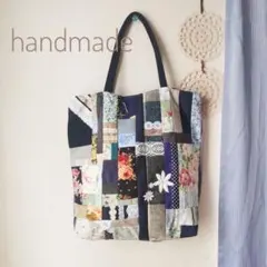 ハンドメイド　パッチワーク　トートバッグ　ブルー花柄