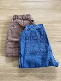 テータテート デニムブルー・ブラウンチェックパンツ2枚セット