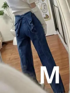 バックリボンワイドパンツ デニムストレートパンツ バックリボンジーンズ ジーパン
