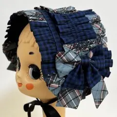 パッチワーク フリル ヘッドドレス(青バイアス×ギンガム)ロリータ ハンドメイド